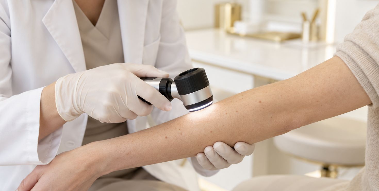 Representación conceptual de dermatoscopía sobre un antebrazo