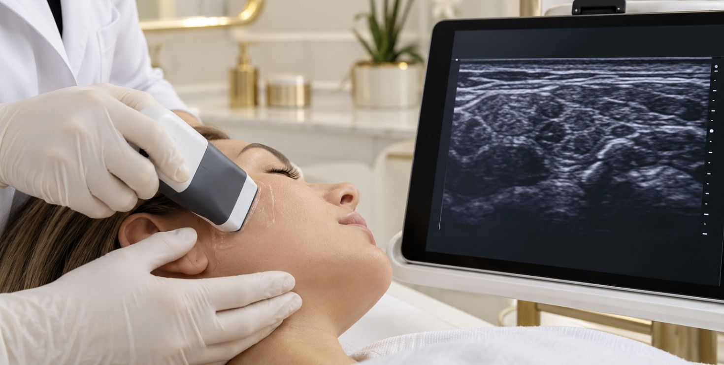 Representación conceptual de evaluación ecográfica facial con sonda y pantalla